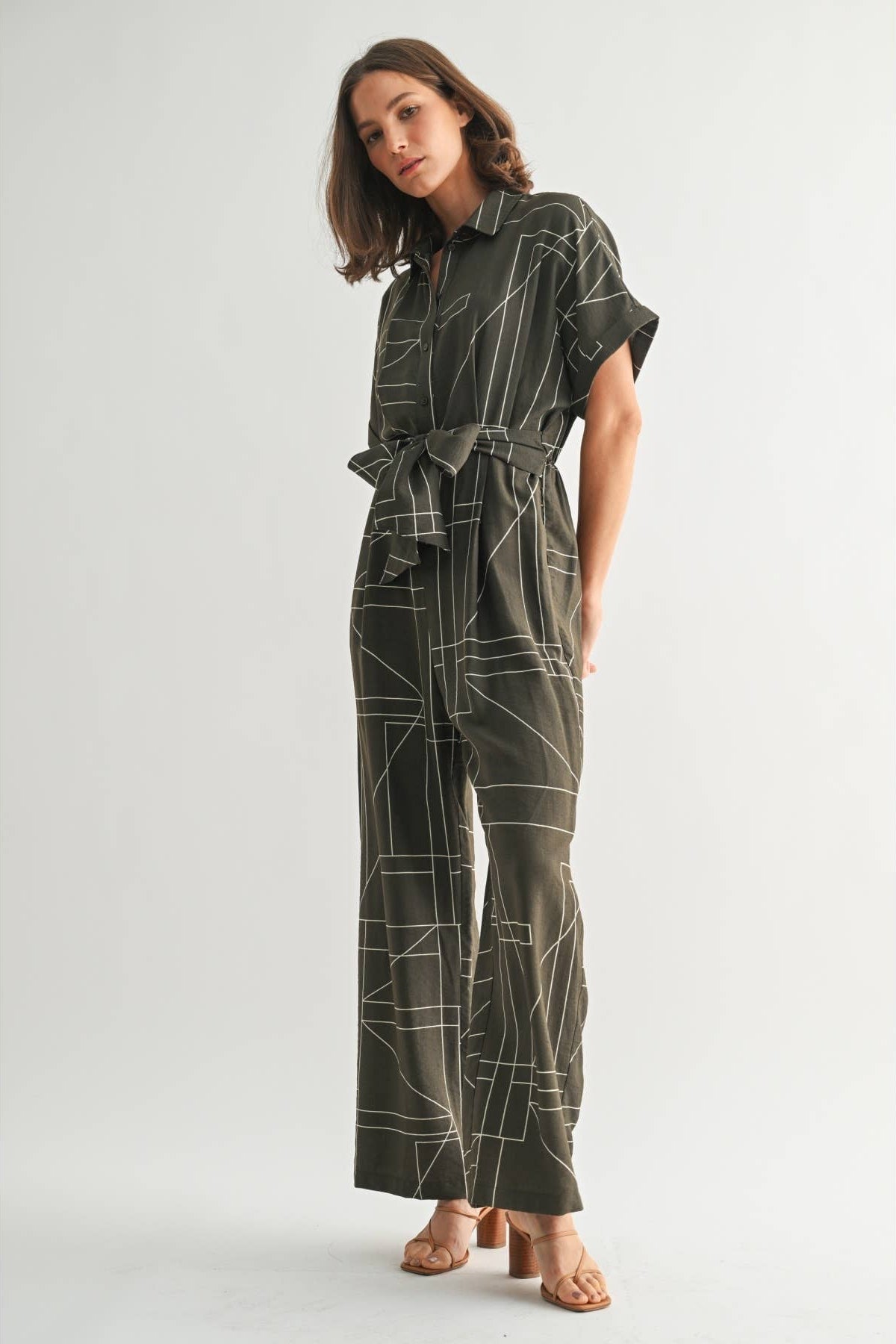 Women's geometric print olive jumpsuit with attached tie sash