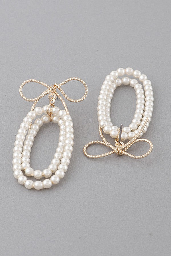 Pearl Bead Ribbon with Bow Earrings