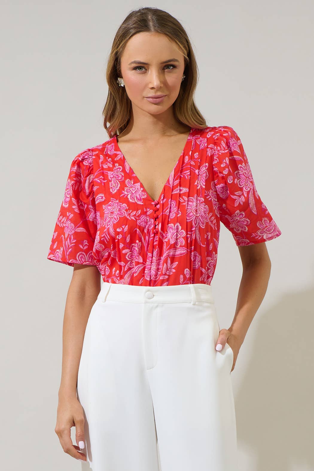 Floral Pleated Short Sleeve Top-Red Pink