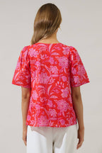 Floral Pleated Short Sleeve Top-Red Pink