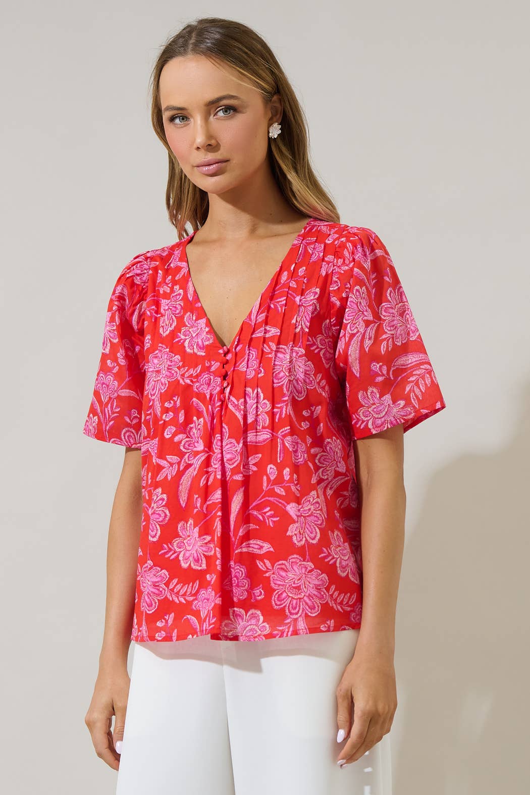 Floral Pleated Short Sleeve Top-Red Pink