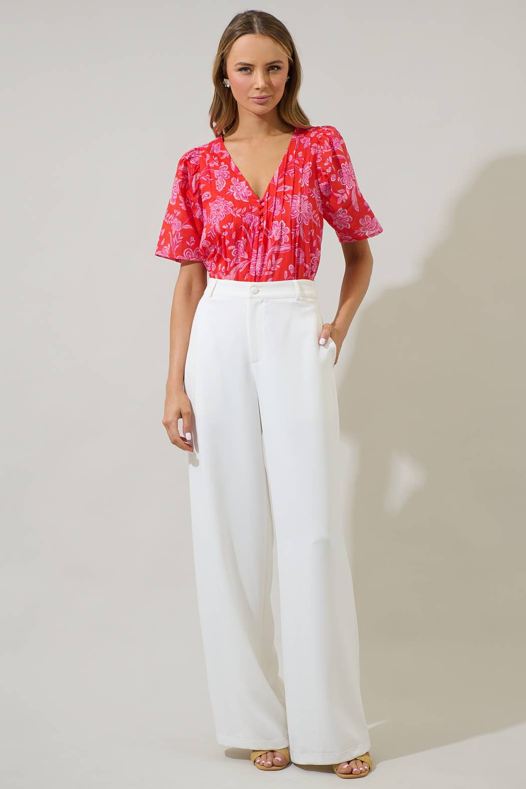 Floral Pleated Short Sleeve Top-Red Pink