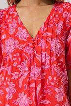 Floral Pleated Short Sleeve Top-Red Pink