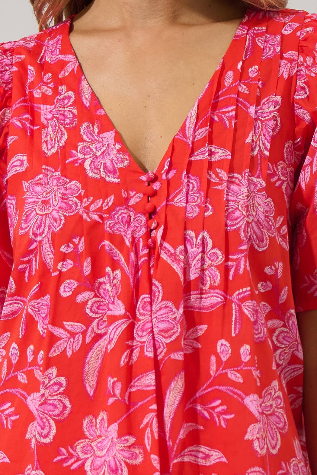 Floral Pleated Short Sleeve Top-Red Pink