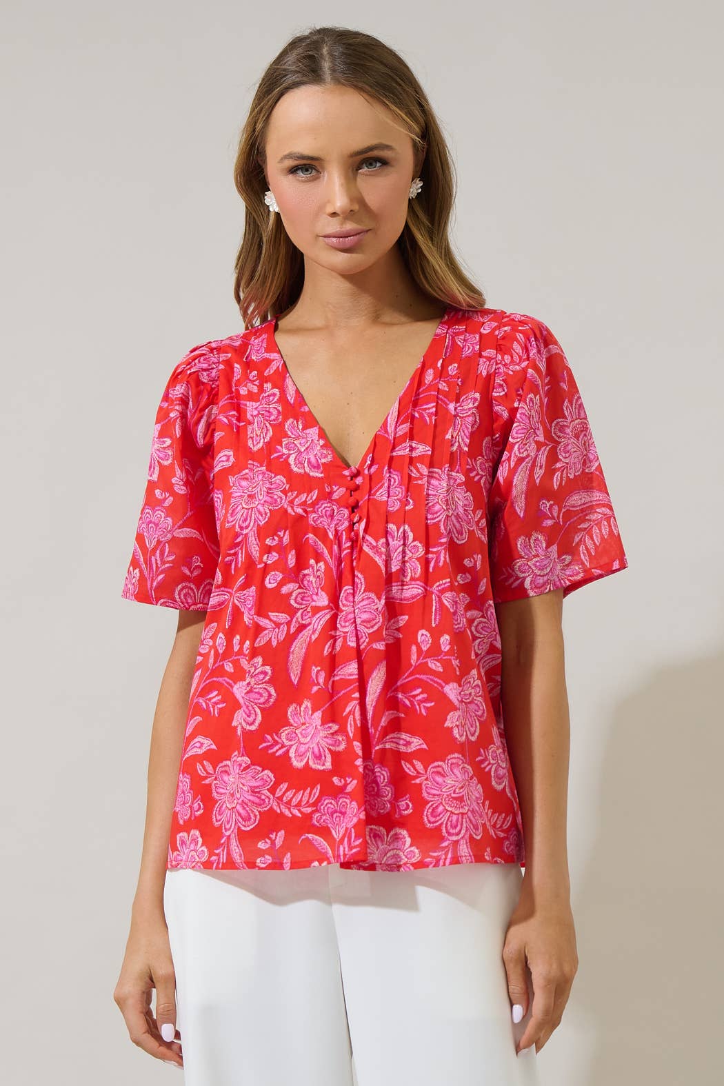 Floral Pleated Short Sleeve Top-Red Pink