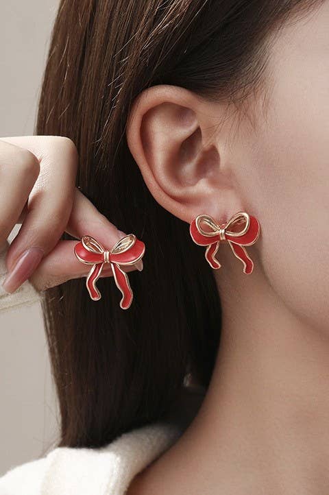 Non-Tarnish Enamel Bow Earrings-18k Gold Red