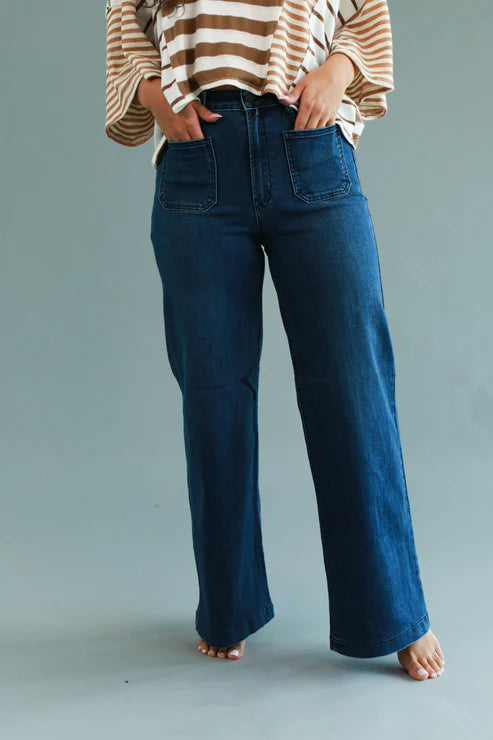 Arlo High Waisted Stretch Wide Leg Denim-Dark