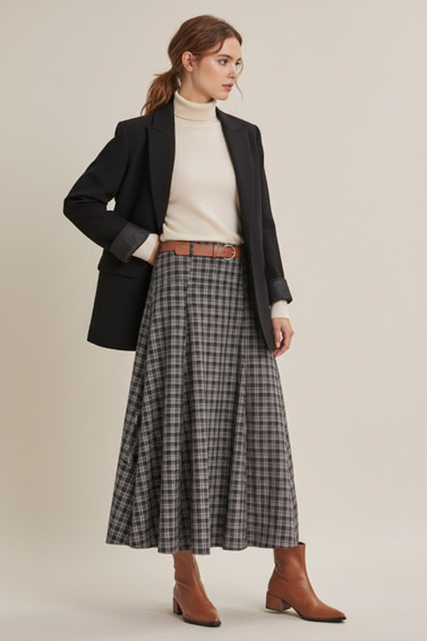 A woman models a stylish outfit featuring a black blazer, cream turtleneck, a navy plaid maxi skirt, a brown belt, and brown ankle boots, set against a plain beige studio background.