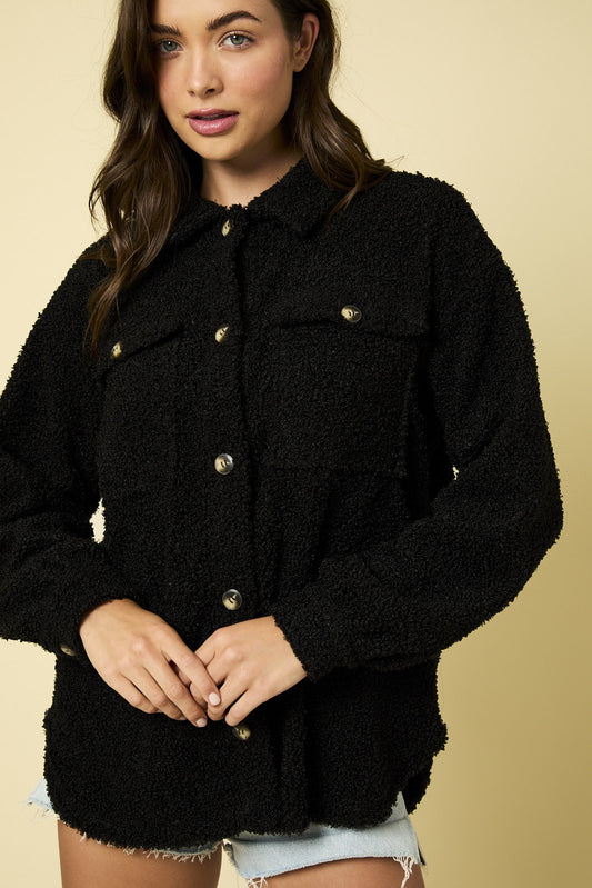 Long Sleeve Button Down Boucle Shacket-Black