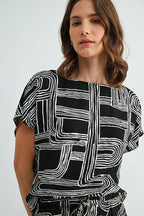 Aubrey Abstract Print Dolman Sleeve Blouse-Black White Flowy
