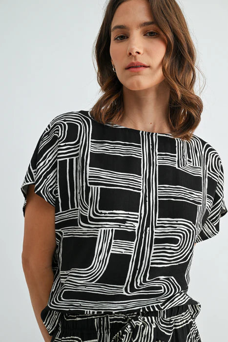 Aubrey Abstract Print Dolman Sleeve Blouse-Black White Flowy