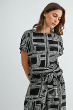 Aubrey Abstract Print Dolman Sleeve Blouse-Black White Flowy