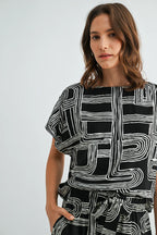 Aubrey Abstract Print Dolman Sleeve Blouse-Black White Flowy