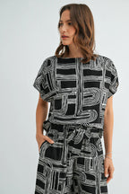 Aubrey Abstract Print Dolman Sleeve Blouse-Black White Flowy