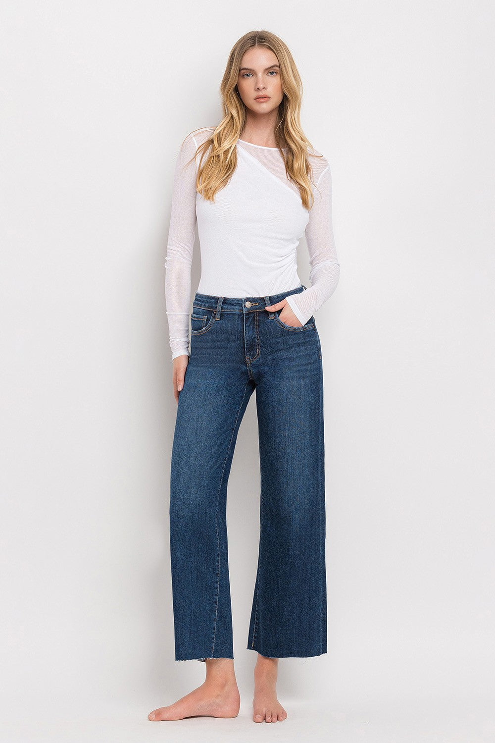 Tummy Control Mid Rise Wide Leg Denim-Dark