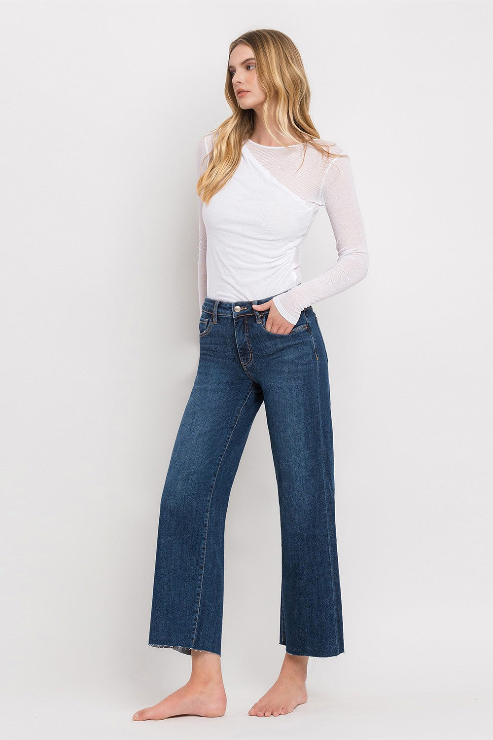 Tummy Control Mid Rise Wide Leg Denim-Dark