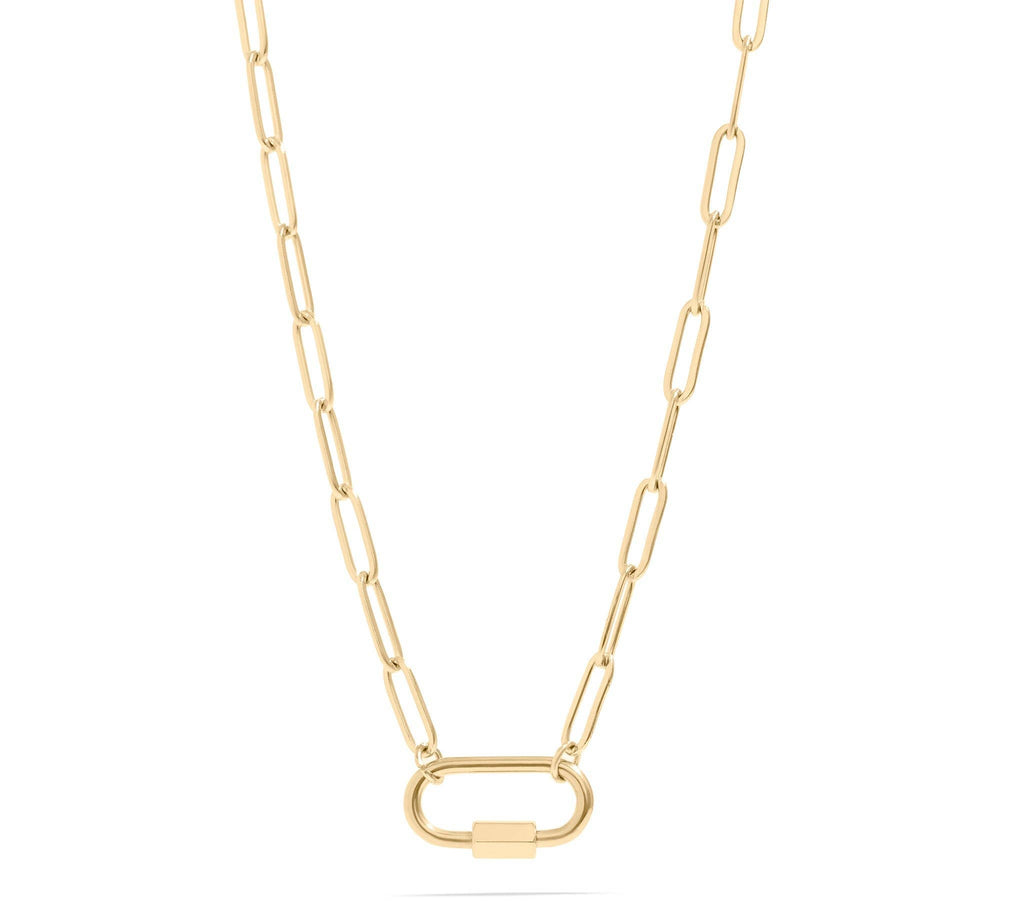 Gold paperclip carabiner chain necklace with a lock clasp on a white background