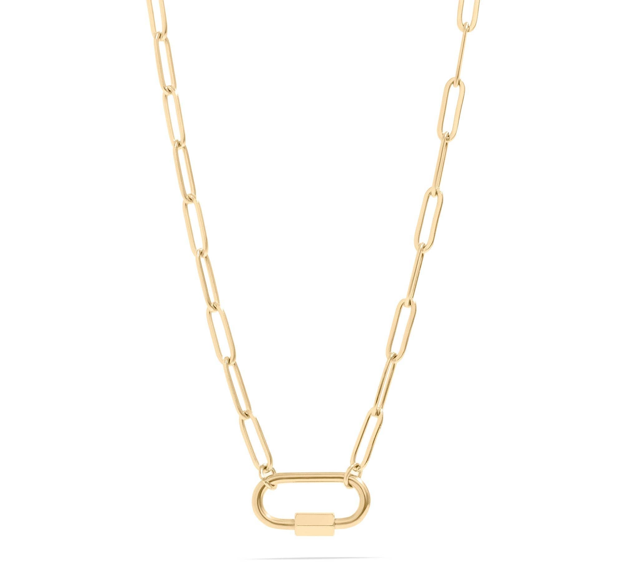 Gold paperclip carabiner chain necklace with a lock clasp on a white background