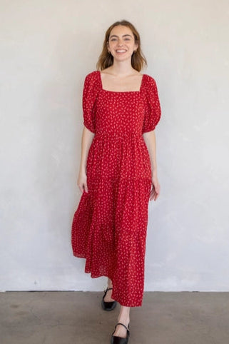 Square Neckline Tiered Maxi Dress-Red Floral