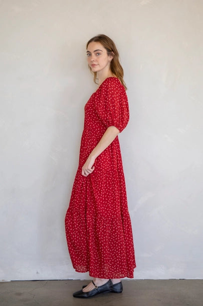 Square Neckline Tiered Maxi Dress-Red Floral