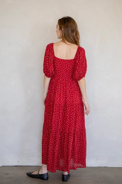 Square Neckline Tiered Maxi Dress-Red Floral