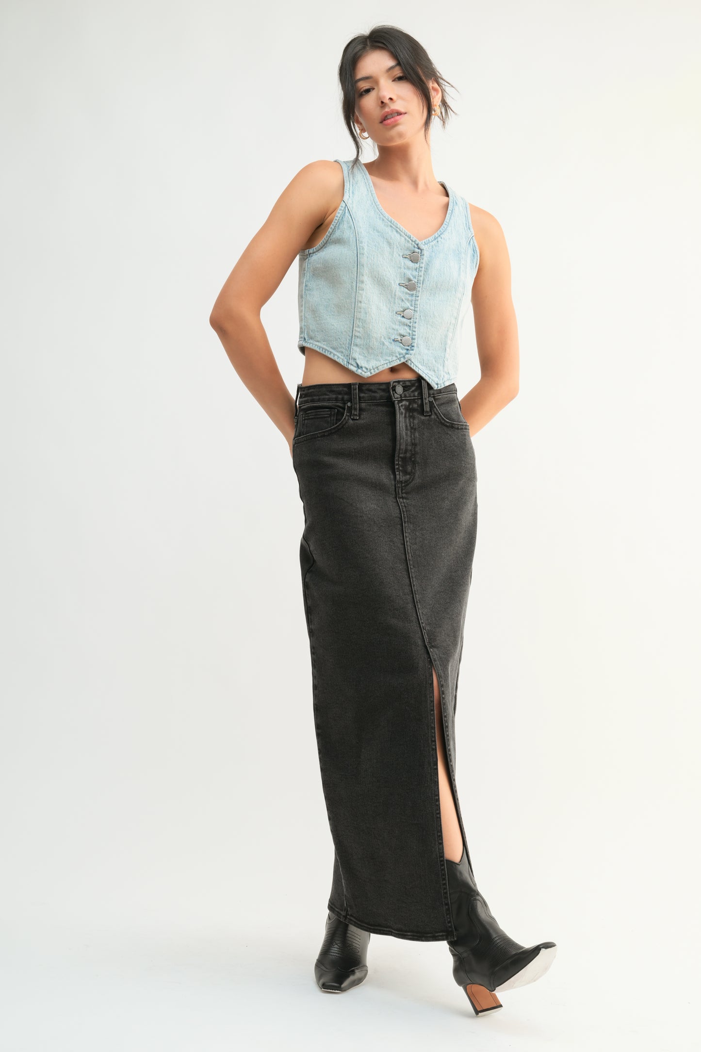 Dani Classic Stretch Denim Midi Skirt-Washed Black