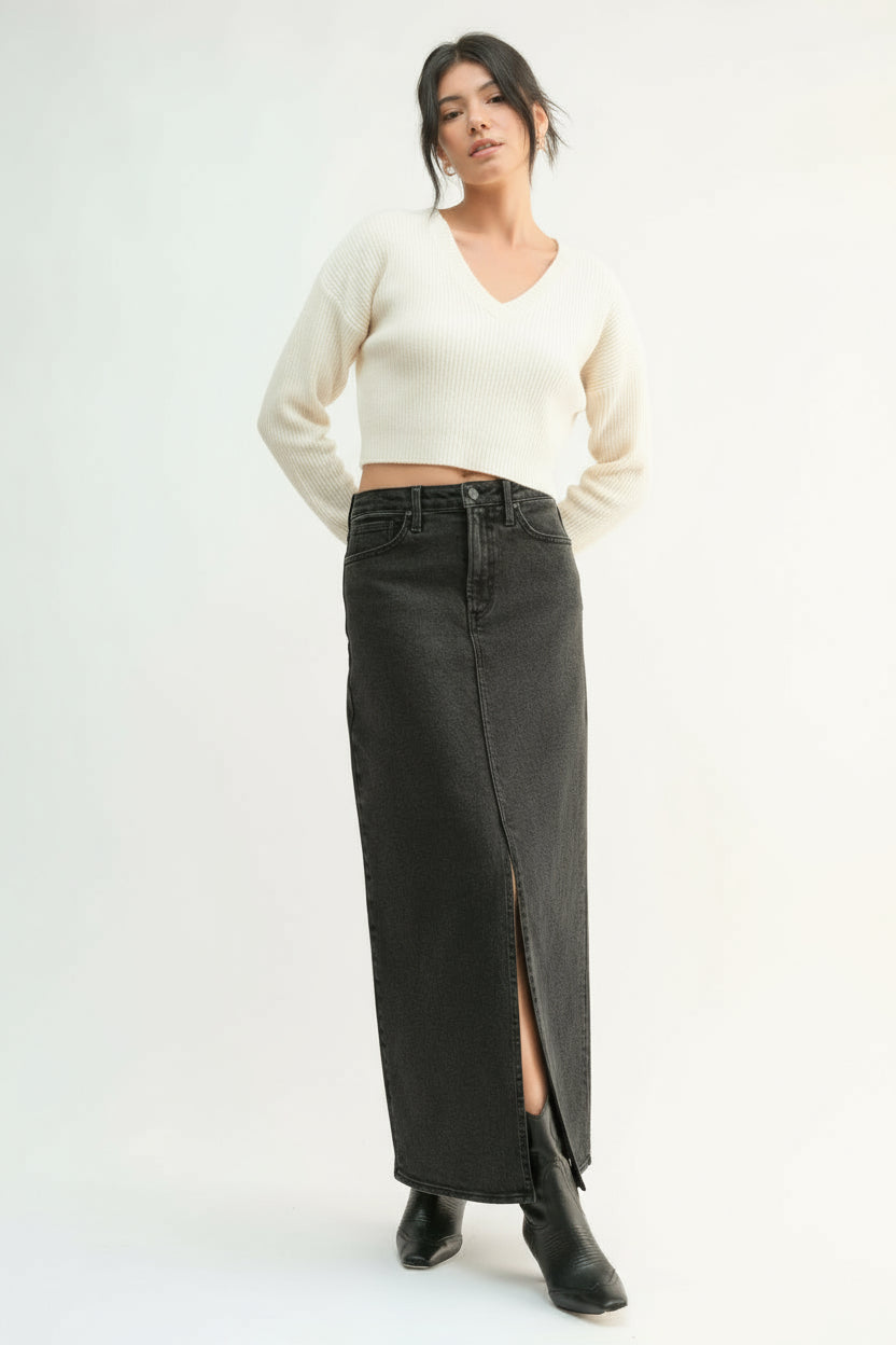 Dani Classic Stretch Denim Midi Skirt-Washed Black