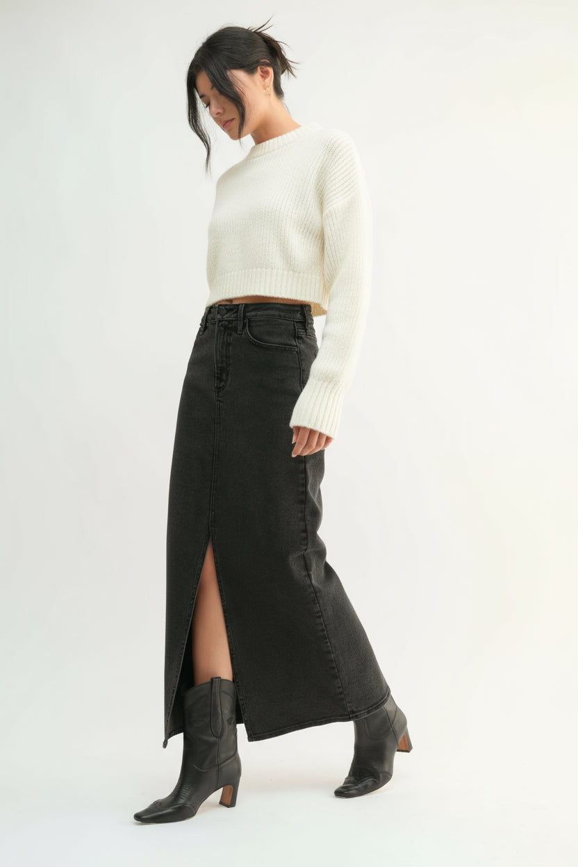 Classic Stretch Denim Midi Skirt-Washed Black | Erma Jean Classic Stretch Denim Midi Skirt-Washed Black | Erma Jean