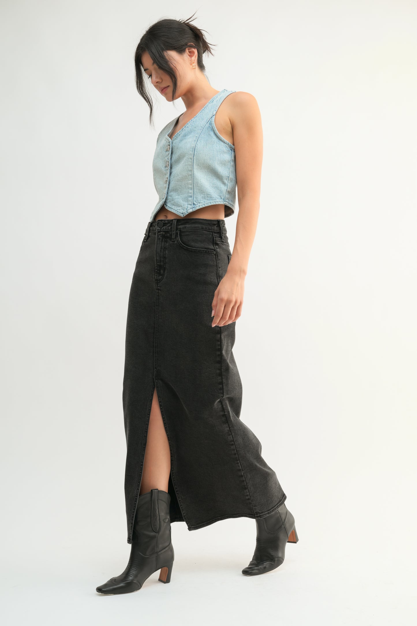 Dani Classic Stretch Denim Midi Skirt-Washed Black