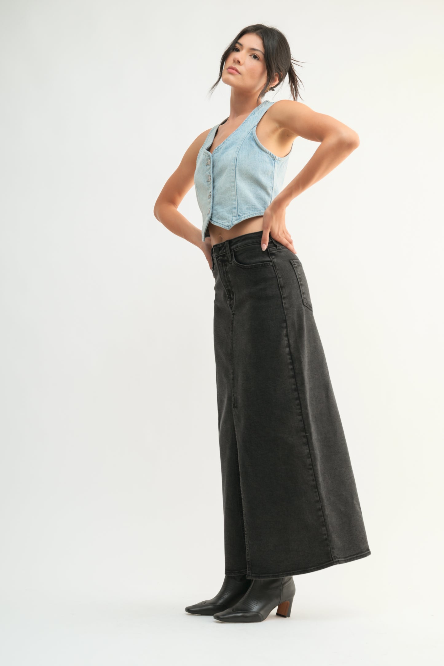 Dani Classic Stretch Denim Midi Skirt-Washed Black