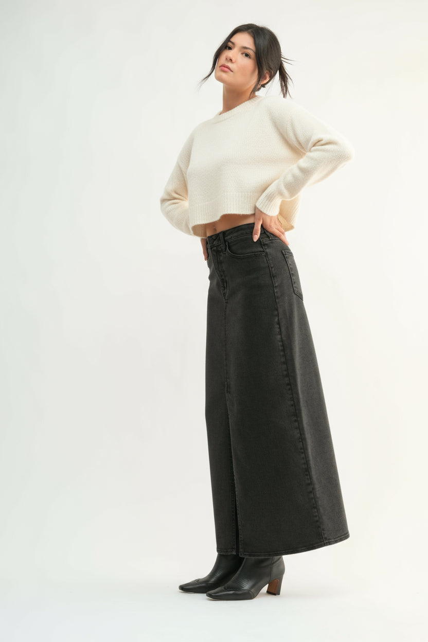 Dani Classic Stretch Denim Midi Skirt-Washed Black