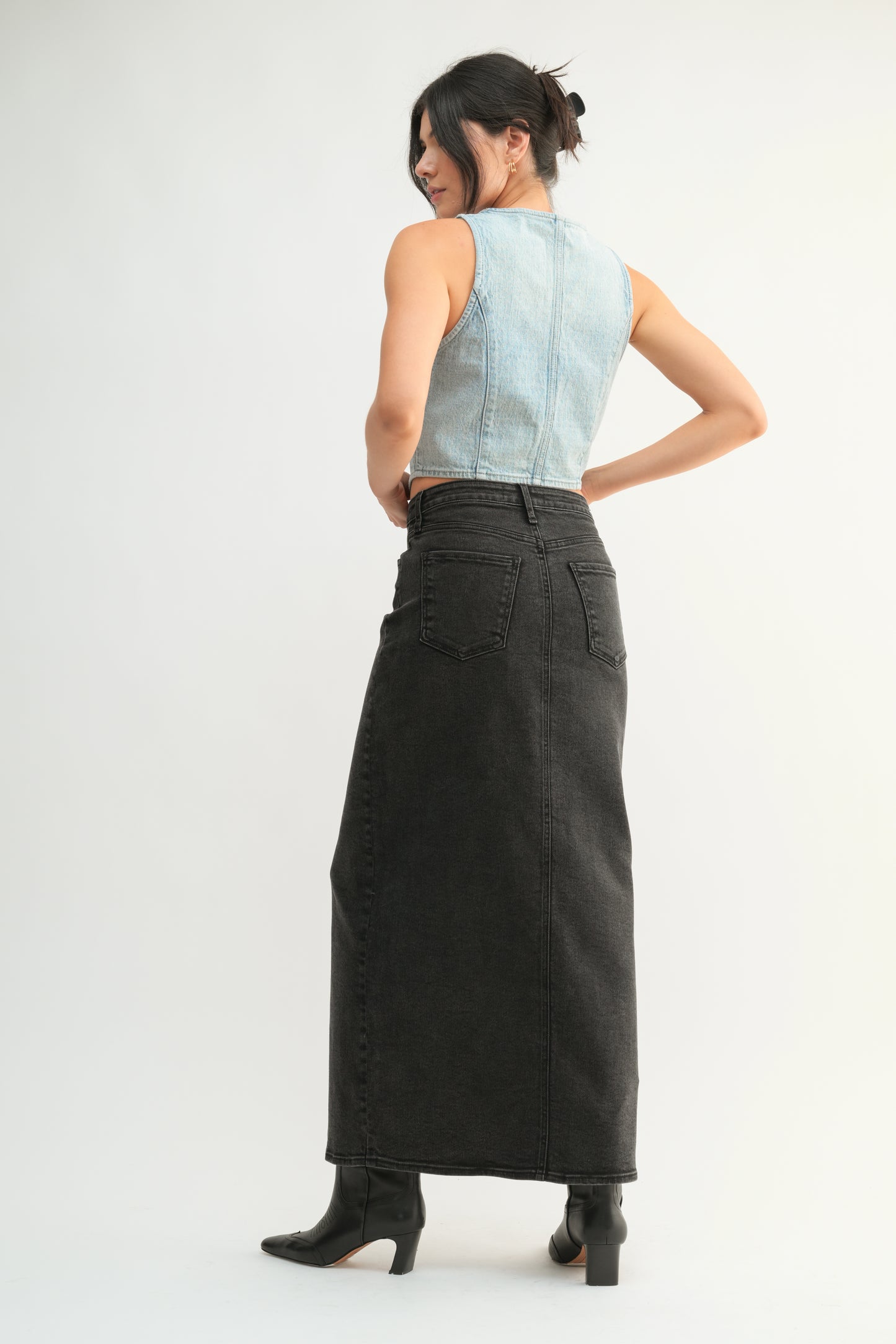 Dani Classic Stretch Denim Midi Skirt-Washed Black