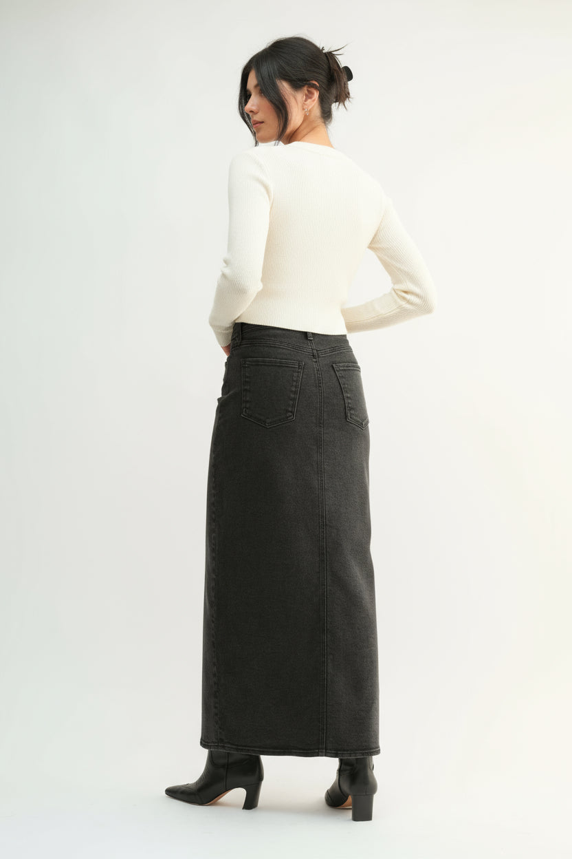Dani Classic Stretch Denim Midi Skirt-Washed Black