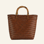 Basket Weave Bamboo Top Handle Square Tote Bag-Brown