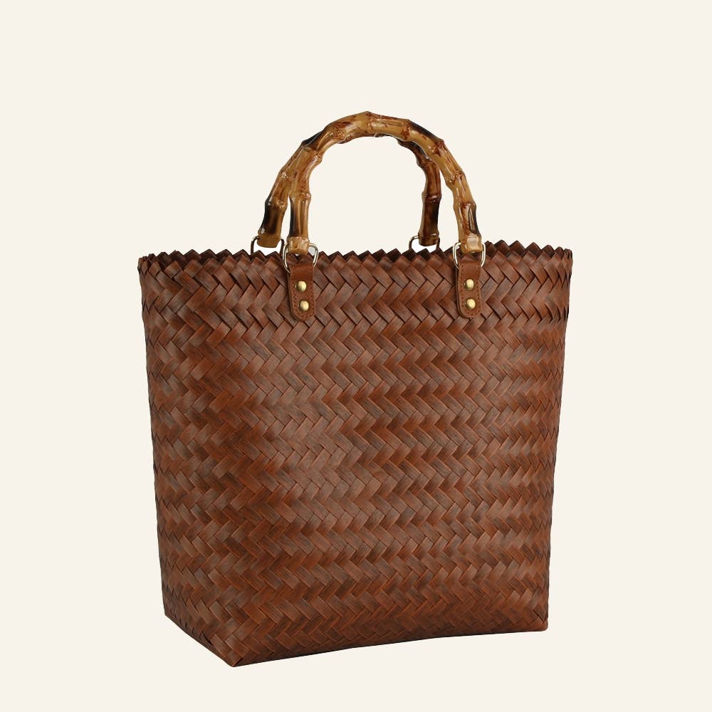 Basket Weave Bamboo Top Handle Square Tote Bag-Brown