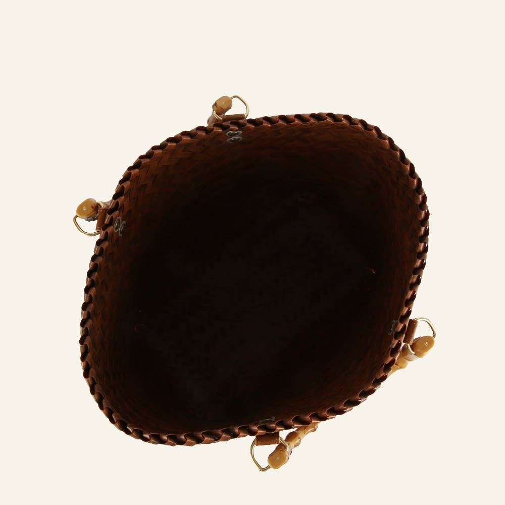 Basket Weave Bamboo Top Handle Square Tote Bag-Brown