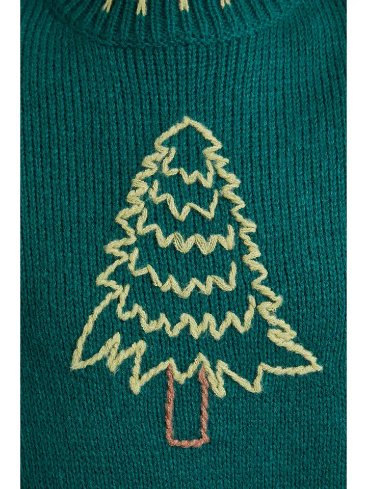 Christmas tree design on a green sweater