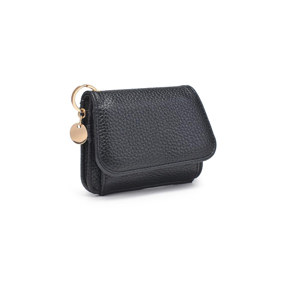 Black snap button wallet with key ring on white background