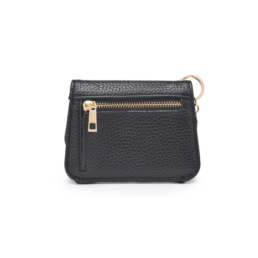 Back view of black snap wallet with zipper pocket on white background