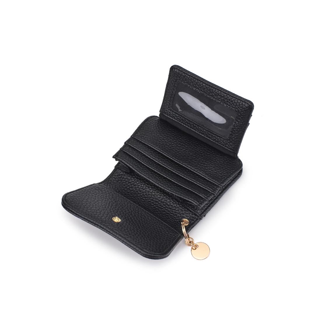 Open black snap button wallet detailing pockets and slots on white background