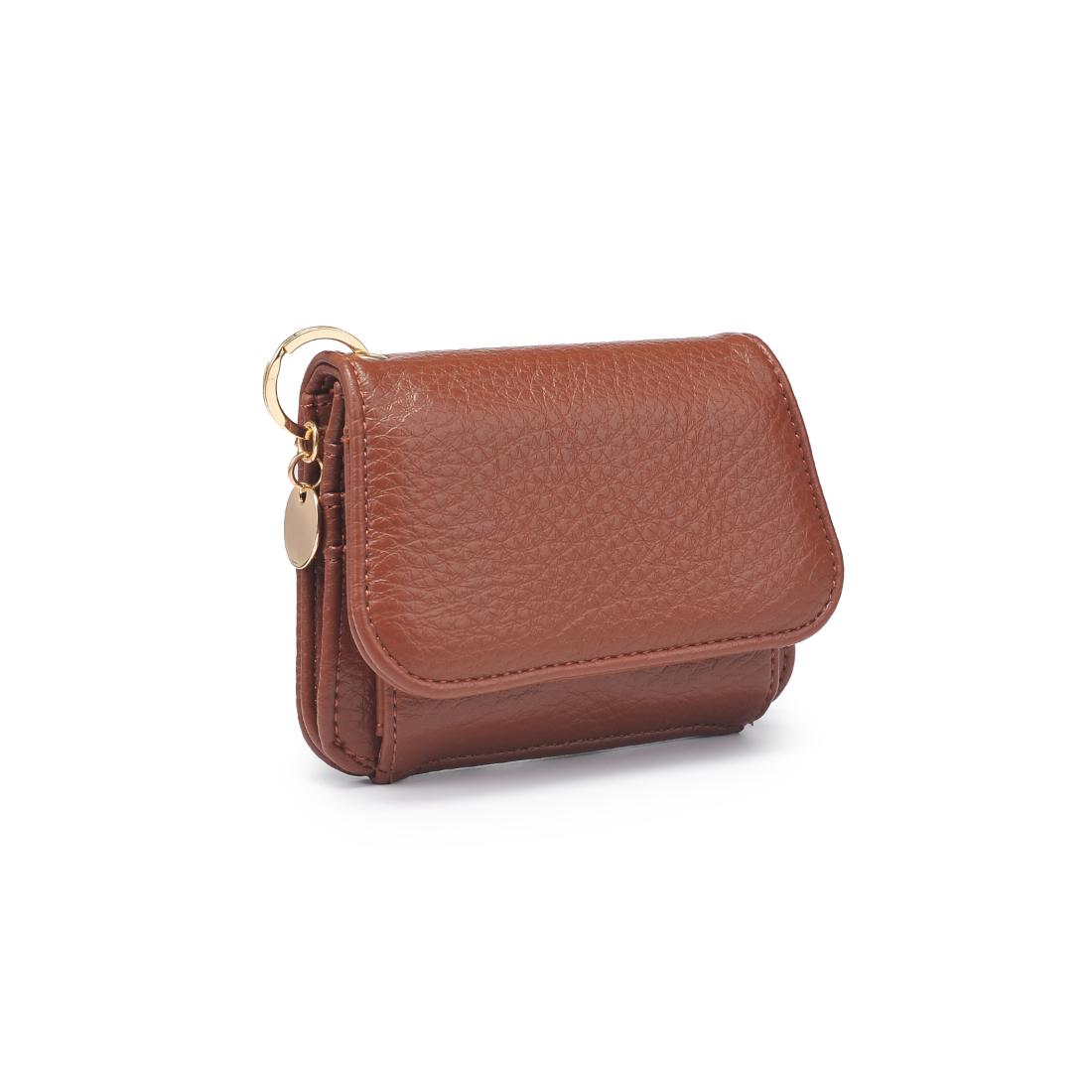 Chocolate snap button wallet with key ring on white background