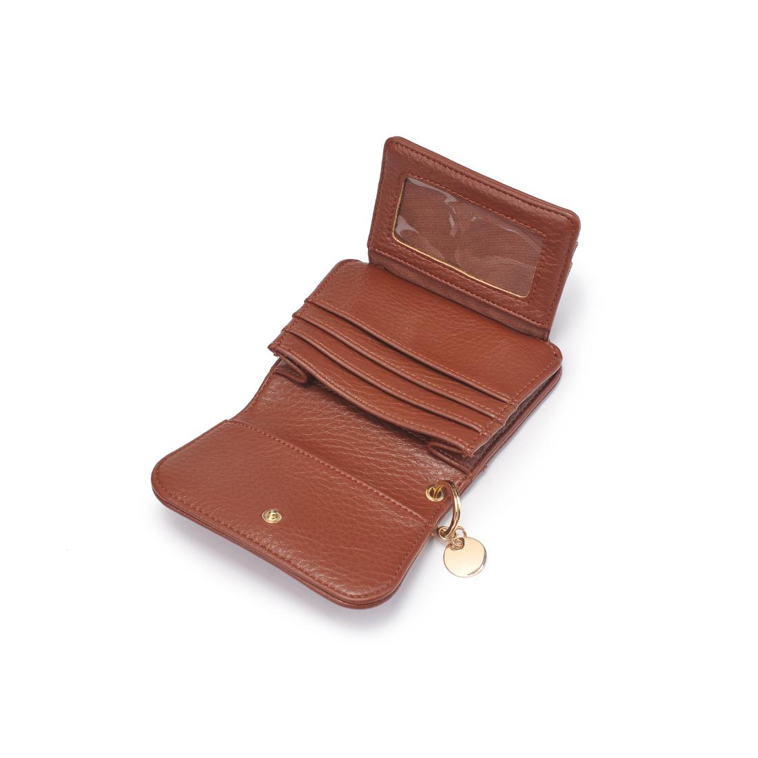 Open chocolate snap button wallet detailing pockets and slots on white background