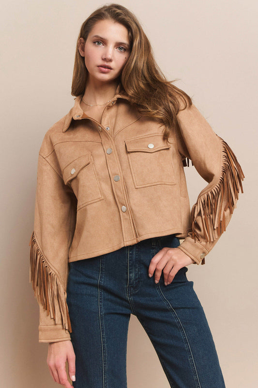 Fringed Faux Suede Shirt Jacket-Tan