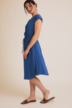 V Notch Round Neck Short Sleeve Dress-Blue