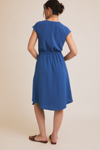 V Notch Round Neck Short Sleeve Dress-Blue