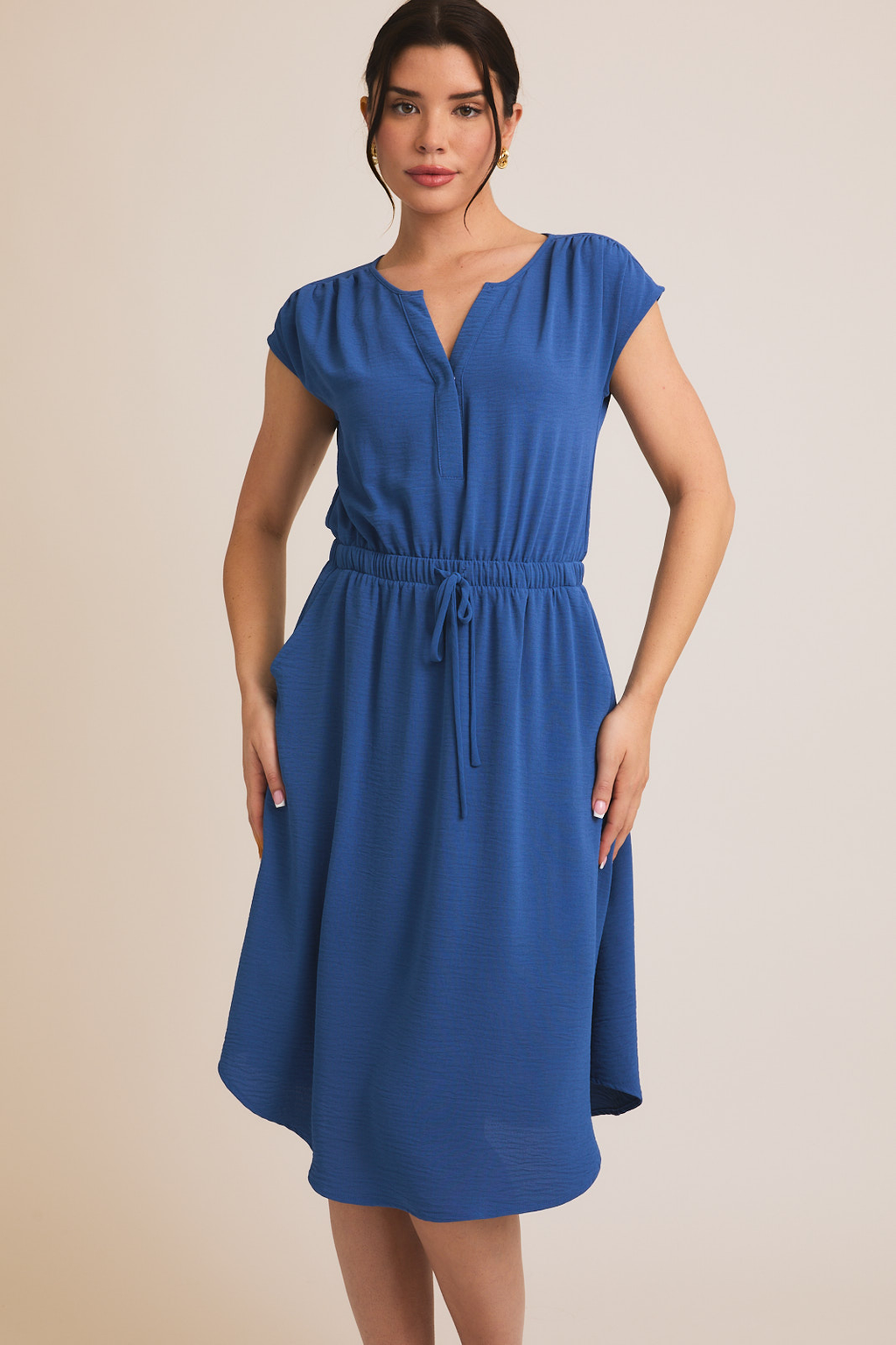 V Notch Round Neck Short Sleeve Dress-Blue
