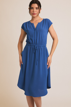 V Notch Round Neck Short Sleeve Dress-Blue