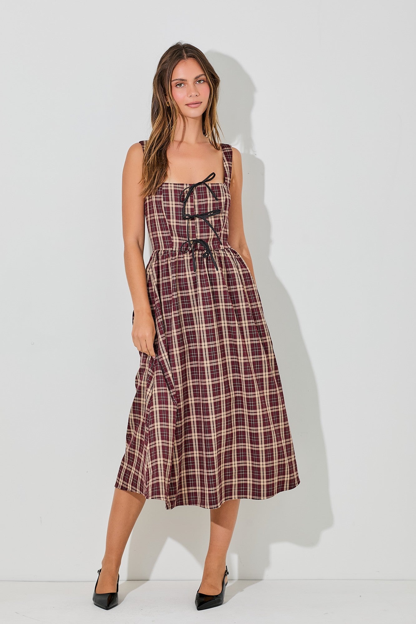 Plaid Tank Midi Dress with Ribbon Accents-Burgundy