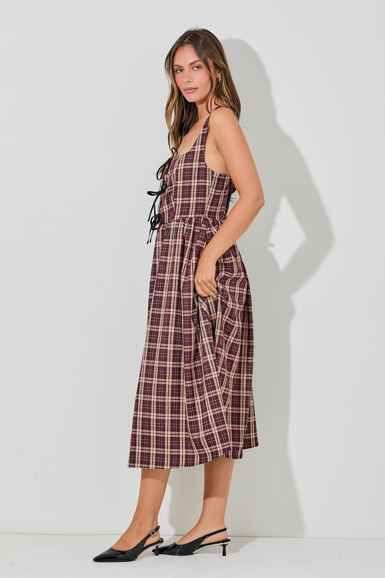 Plaid Tank Midi Dress with Ribbon Accents-Burgundy