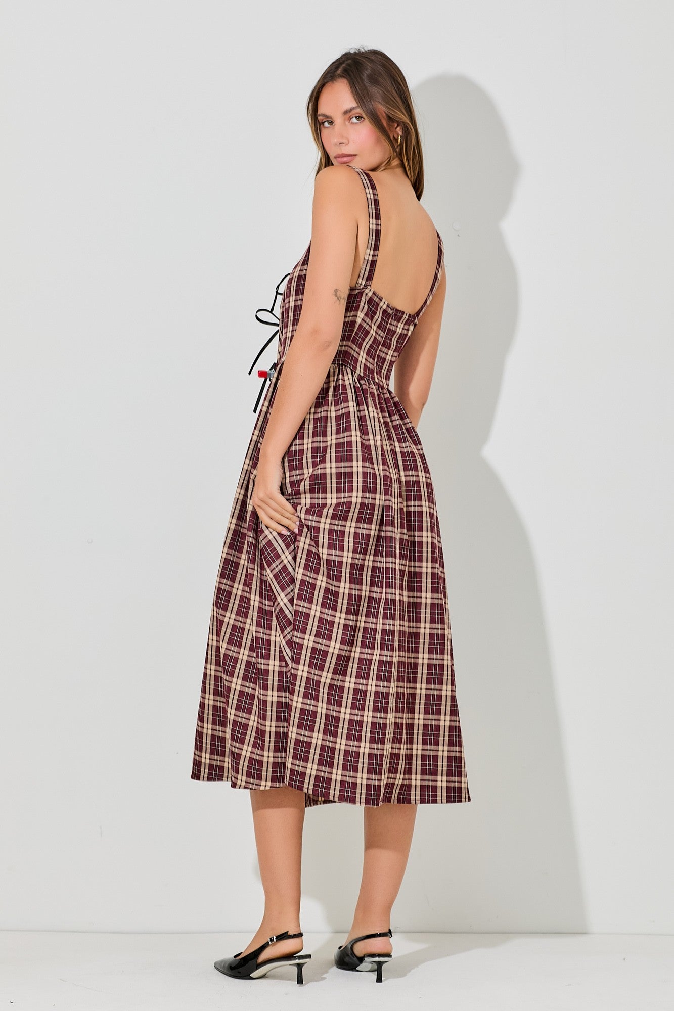 Plaid Tank Midi Dress with Ribbon Accents-Burgundy